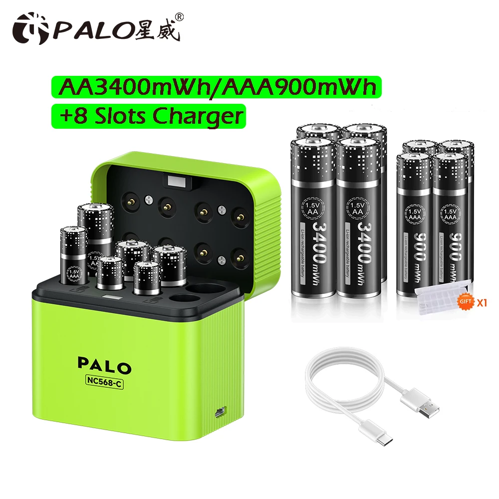 PALO 3400mWh 1.5V AA AAA Lithium Ion Rechargeable Battery with 8-channel Magnetic Flip Charger for 1.5V 2A 3A Lithium Batteries