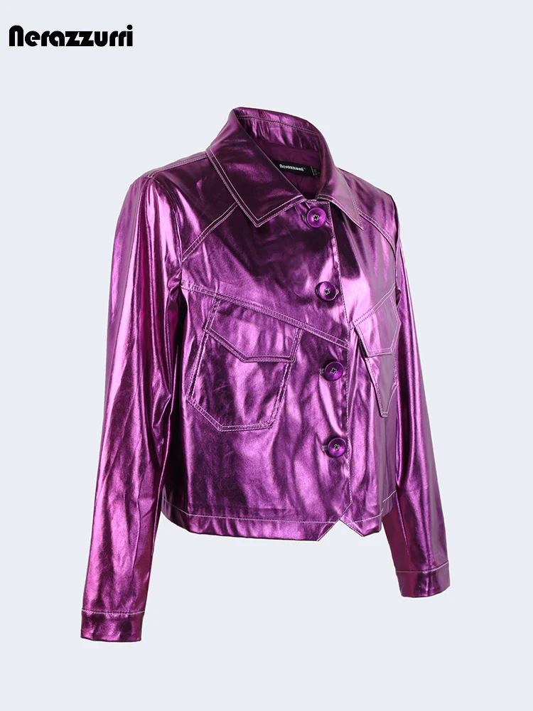 Nerazzurri Spring Autumn Cool Short Shiny Reflective Patent Pu Leather Jacket Women Pockets Luxury Designer Y2K Clothes 2023