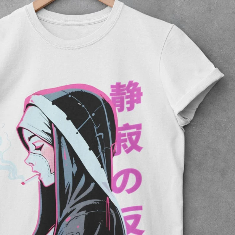 Dark Anime T-shirt Stylized Nun Girl Illustration Outline Art Retro Alt Fashion Graphic Print Men Oversized Casual Cotton Tees