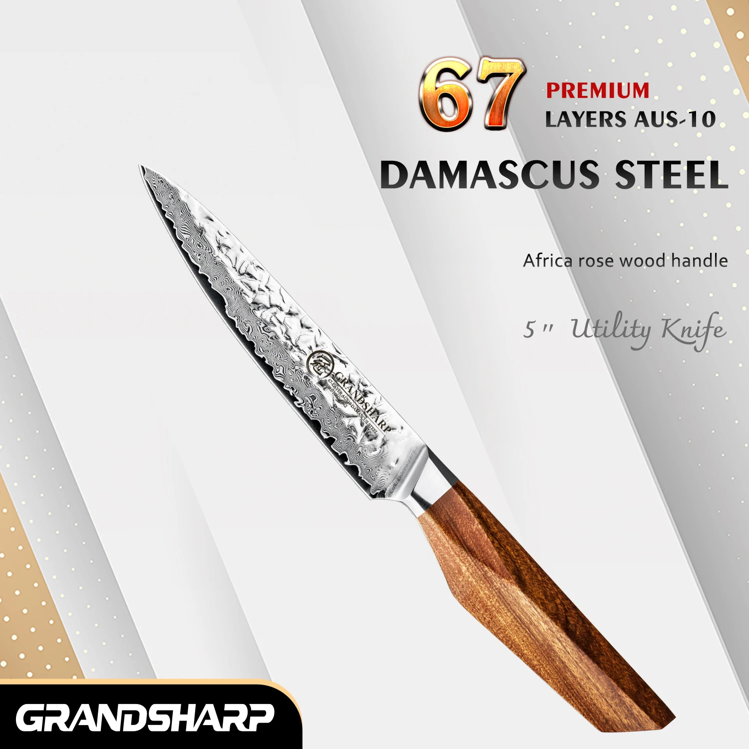 Grandsharp 5'' Utility Knife Damascus 67 Layers Aus-10 Cutting Core Africa Rose Wood Chef Santoku Sharp Blade For Kitchen Use