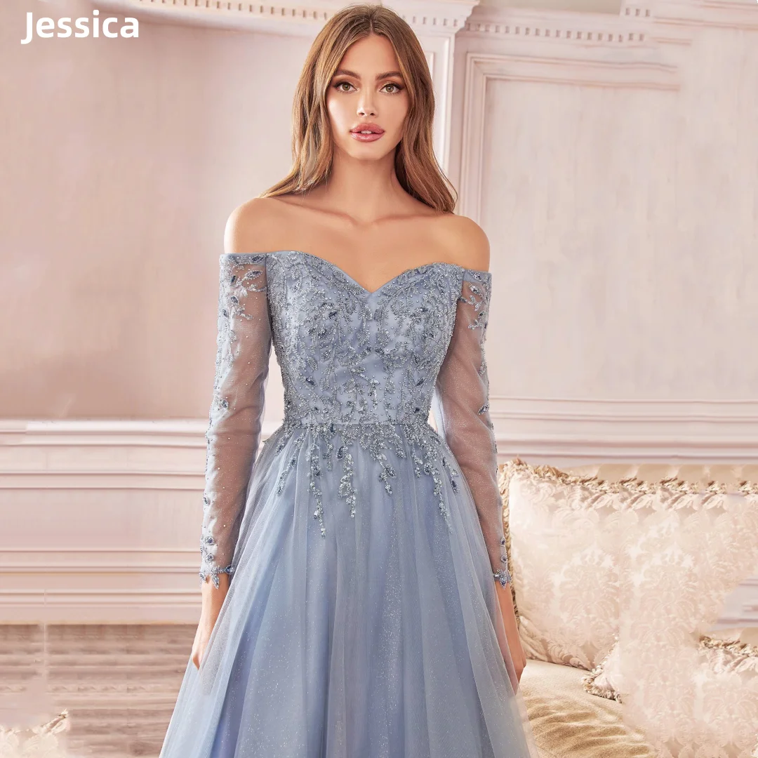 Jessica Fairy Gray Wedding Dress Sequin Beads Prom Dresses Off-shoulder Glitter Tulle Long Sleeves Bespoke Occasion Dresses