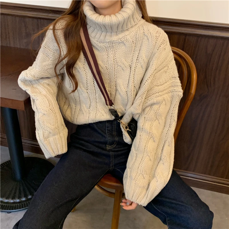 Twisted Women Crop Sweaters Turtleneck Thick Fashion Knitted Jumper Casual Long Sleeve Loose Pullover Oversize Short Coats