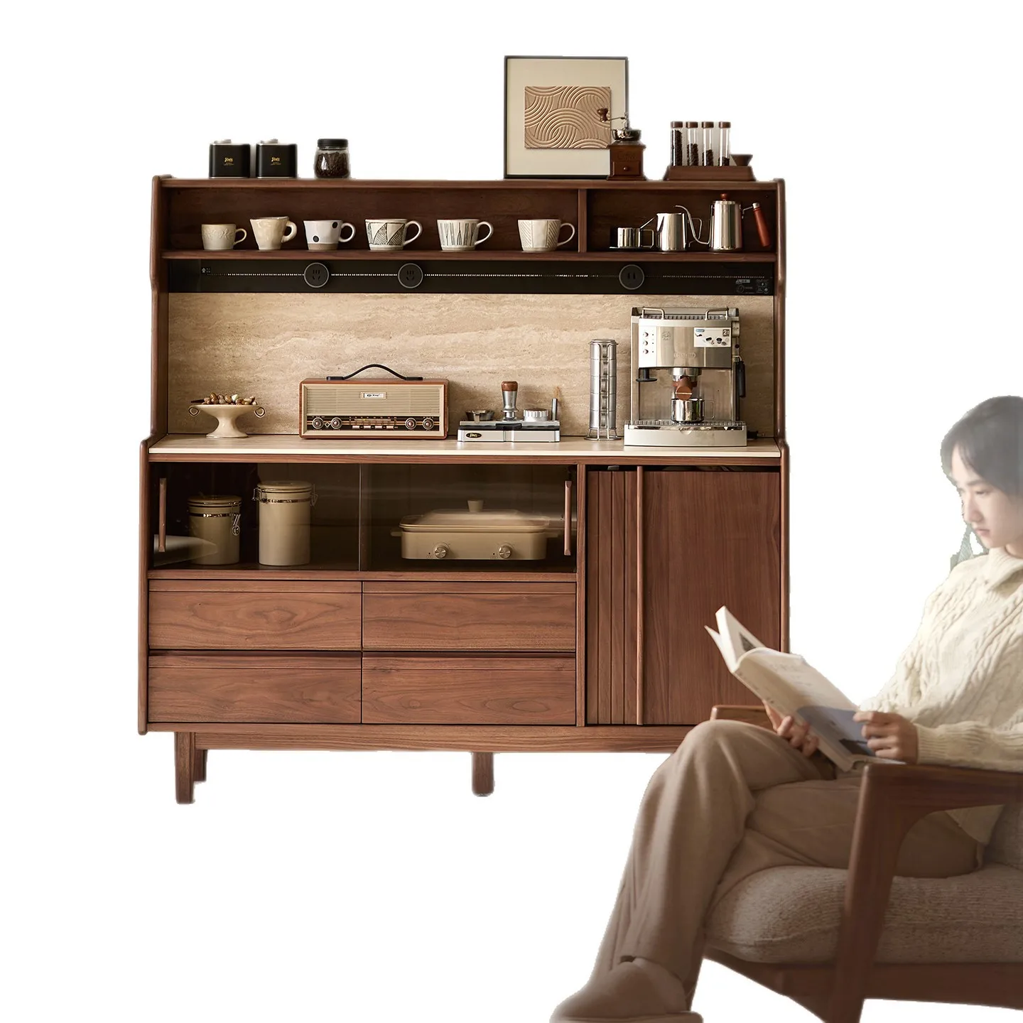 Park Su Muzuo new semi-high dining side antique style against the wall integrated bar counter rock slab black walnut
