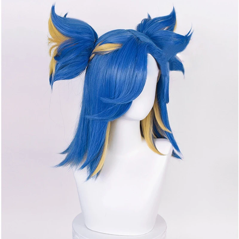 Game Valorant Neon Cosplay Wig Short Blue Mix Blond With 2 Clip Ponytails Heat Resistant Synthetic Hair Role Play Wigs + Wig Cap