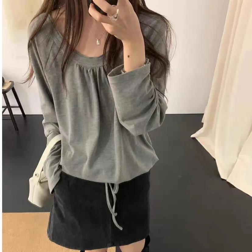 Loose Double Layer U-Neck Gathered Waist Long Sleeve Top Women's Fashion Polyester Fabric Spring Autumn Seasonal Wear