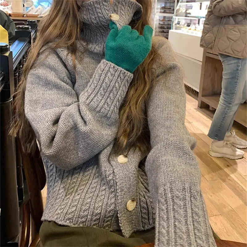 Pink High Collar Knitted Sweater Cardigan Women's Jacket Solid Knitted Top Twists Sleeve Knitwear Korean Version Autumn Winter