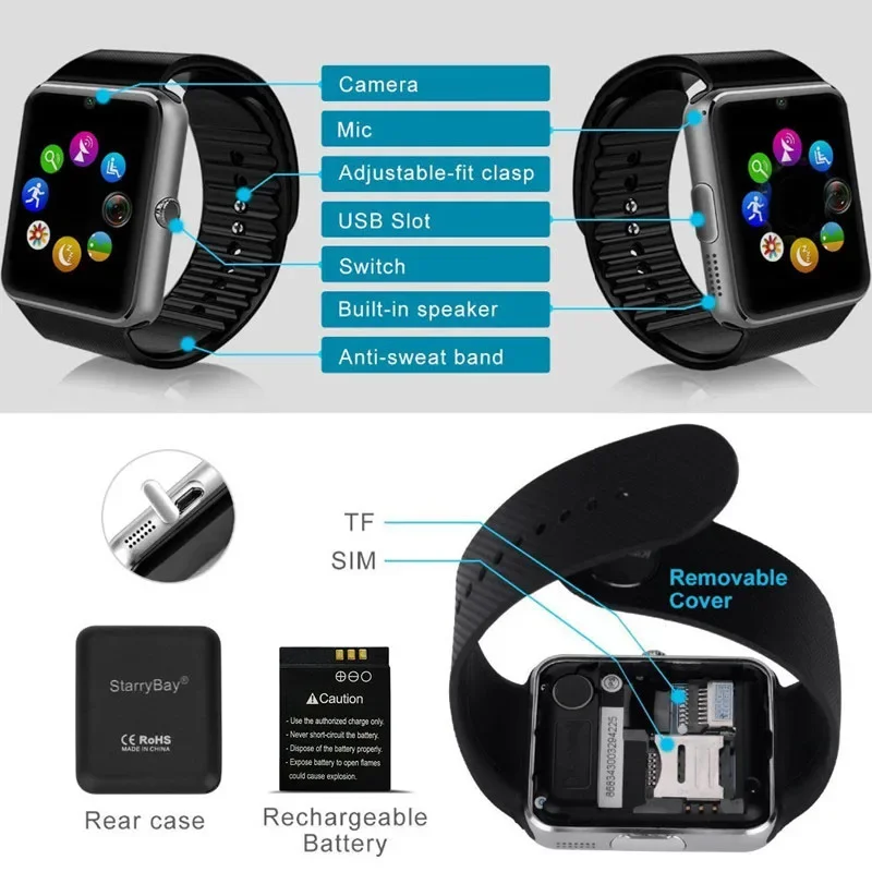 Smart Watches GT08 Clock Sync Notifier Support Sim TF Card Bluetooth Connectivity Android Phone Clock Camera Sports Smartwatch