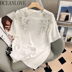 OCEANLOVE Beading Bows T Shirt per le donne Vintage coreano moda primavera estate Ropa De Mujer catene eleganti T-Shirt allentate