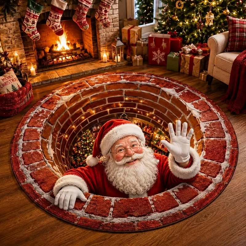 Christmas Santa 3D Optical Illusion Round Rug, Staircase Clock Gift Wreath Gingerbread Man Light Garland Print