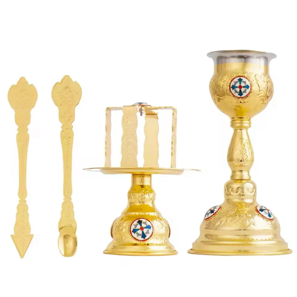 Holy Communion Set Enamel Cross Chalice Prosphora Holder Cross Spear Spoon Complete Liturgical Vessel Kit Church Worship Gift Fo