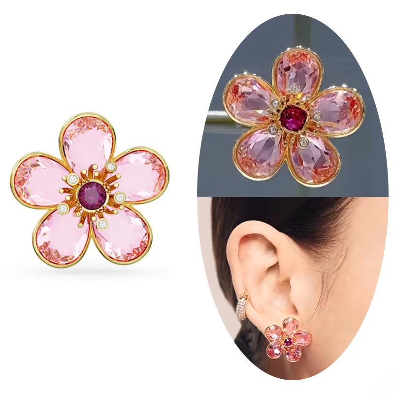 

2024 New fashion pink crystal petal flower earrings Women's earrings wholesale suitable for women senior exquisite charm jewelry