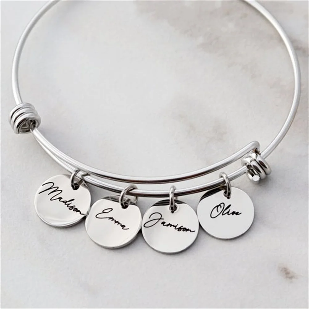 Bangles for Women Adjustable Custom Engraved Multiple Name Date Round Heart Pendant Bracelets Personalized Birthday Gift Jewelry