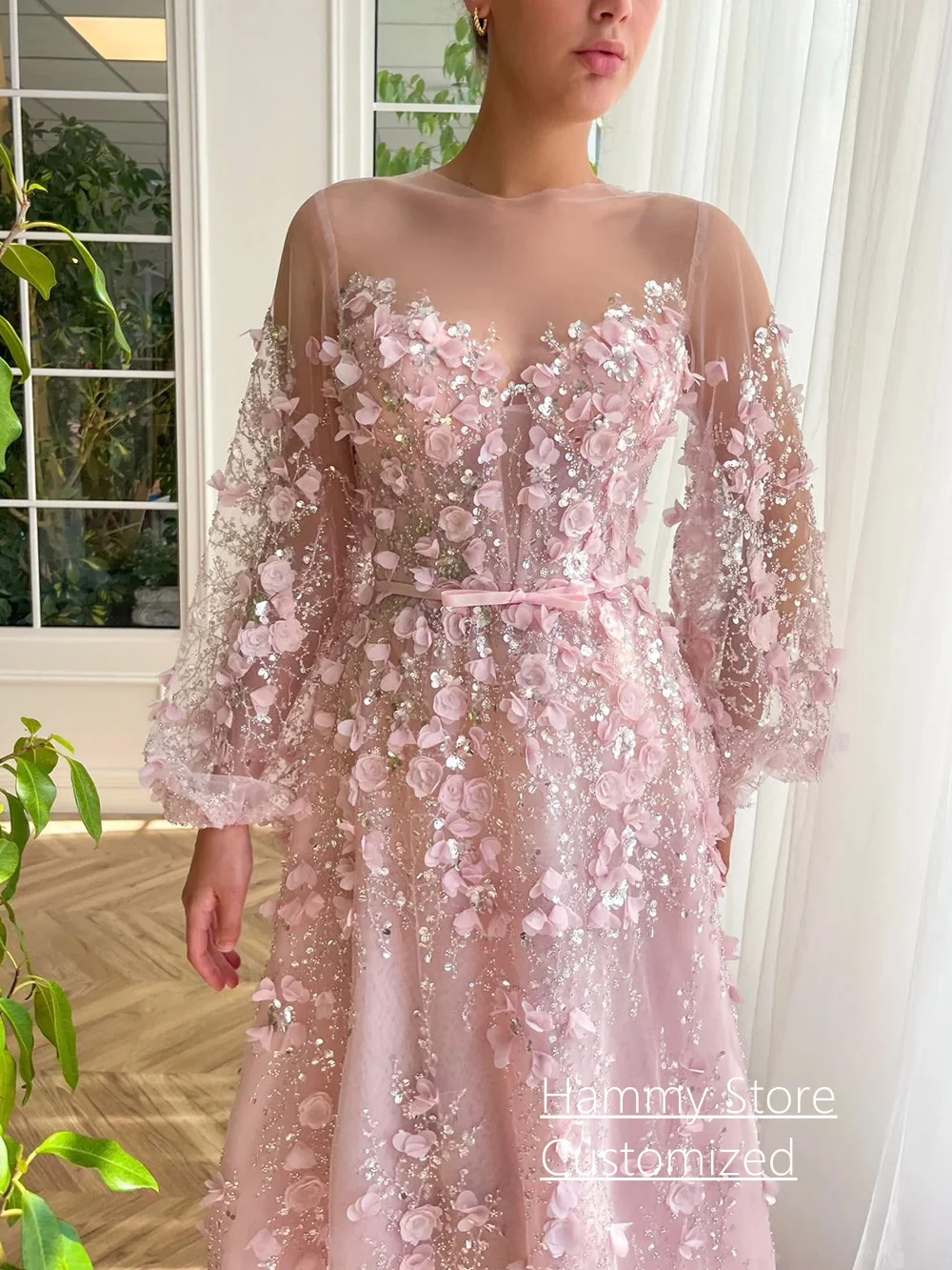 Sukienka wieczorowa księżniczki, szyta na miarę, bufiaste rękawy, prześwitujący dekolt O-neck, koraliki, kwiaty, linia A, prześwitująca, suknie na studniówkę/imprezę.