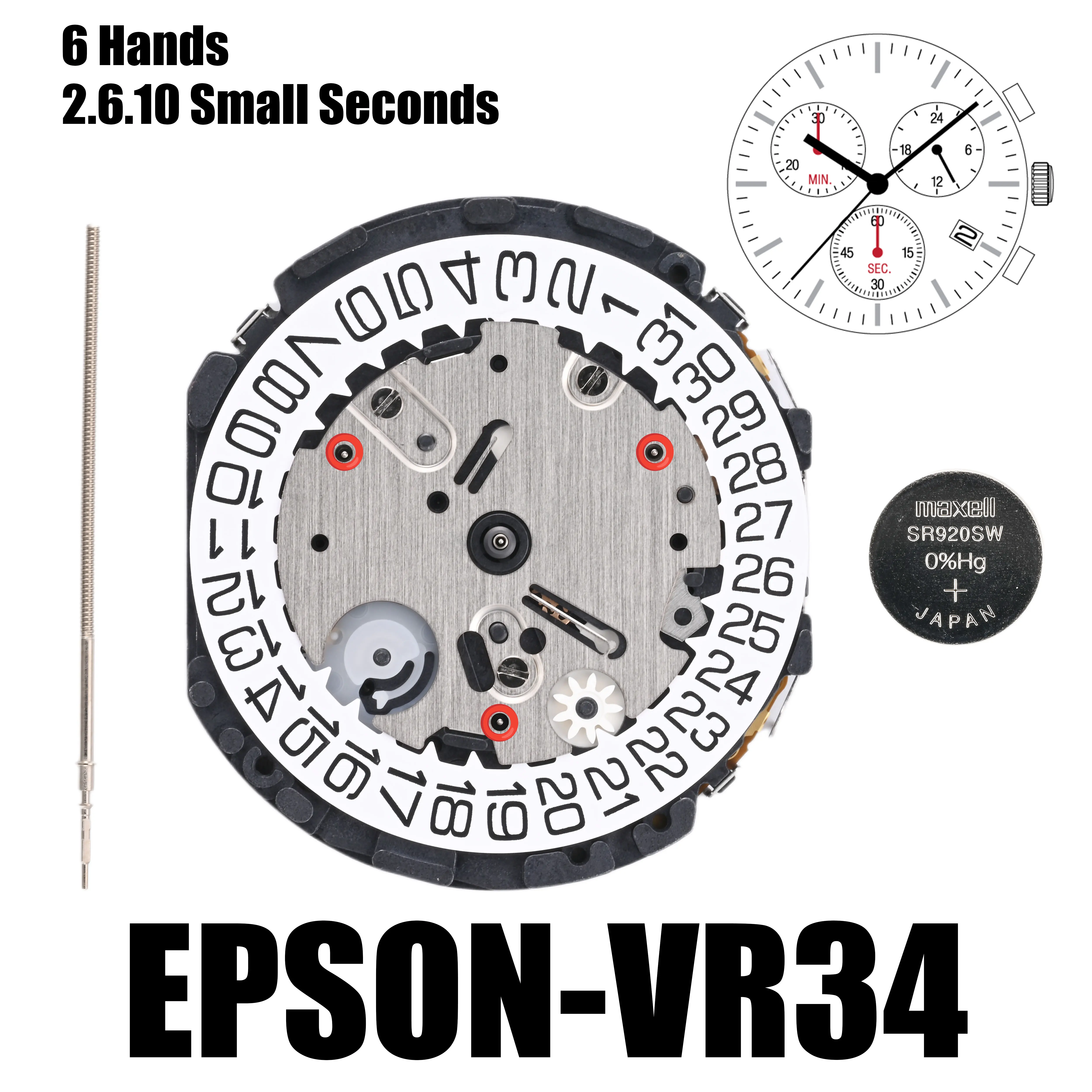 Vr34 muskel bewegung chronograph vr34b/vr34a quarz bewegung 6.9.12 kleine sekunden datum bei 3:00