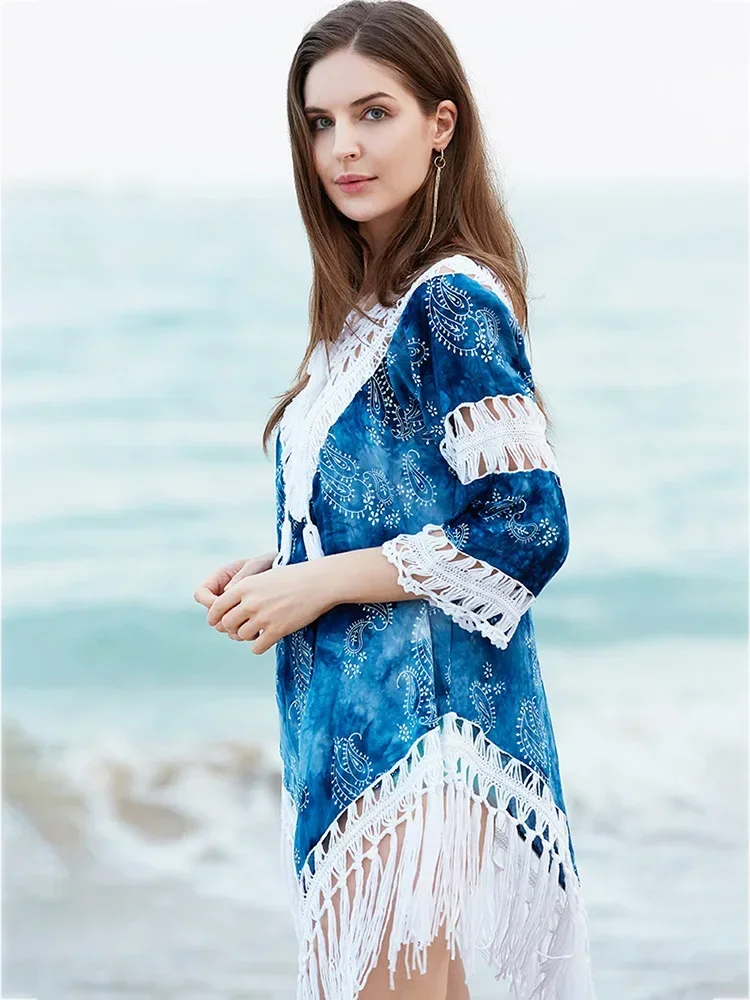 New Tie Dye Printed Beach Cover-Ups Women Bikini Cover Up Hollow Out Tassel Beach Dress Summer 2025 Fashion Female Beachwear