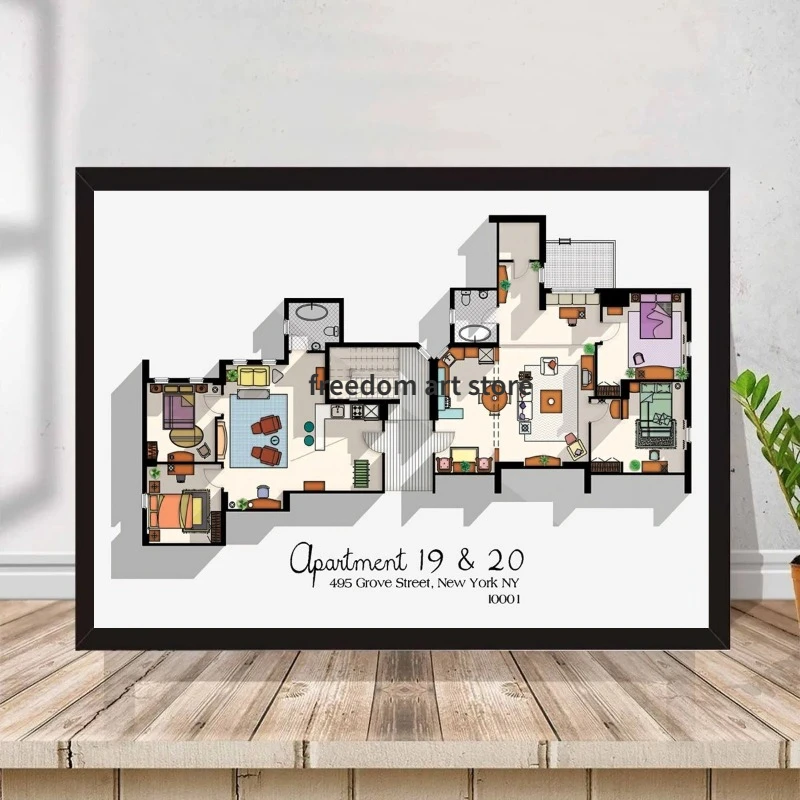 Vintage Floor Plan Friends Tv Series Apartment 19 & 20 Chart Art Posters Canvas Painting Wall Prints Picture for Room Home Decor