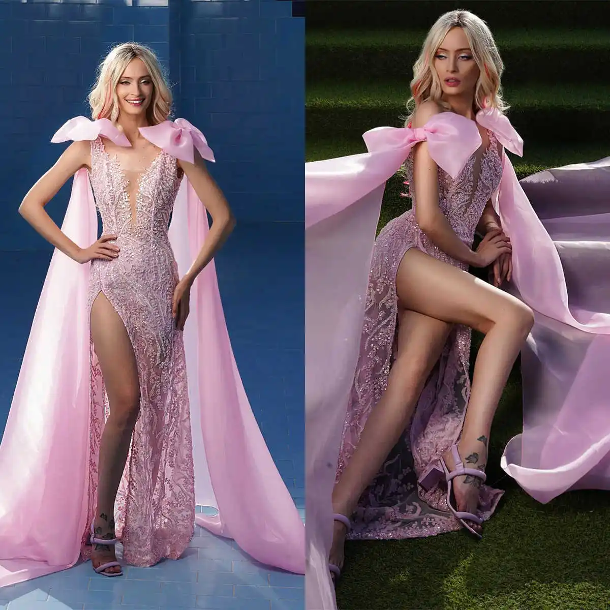 Vintage Evening Dresses 3D Appliques Sequins V-neck Side Split Bow with Cape Backless Prom Dress Vestido De Noite Customized