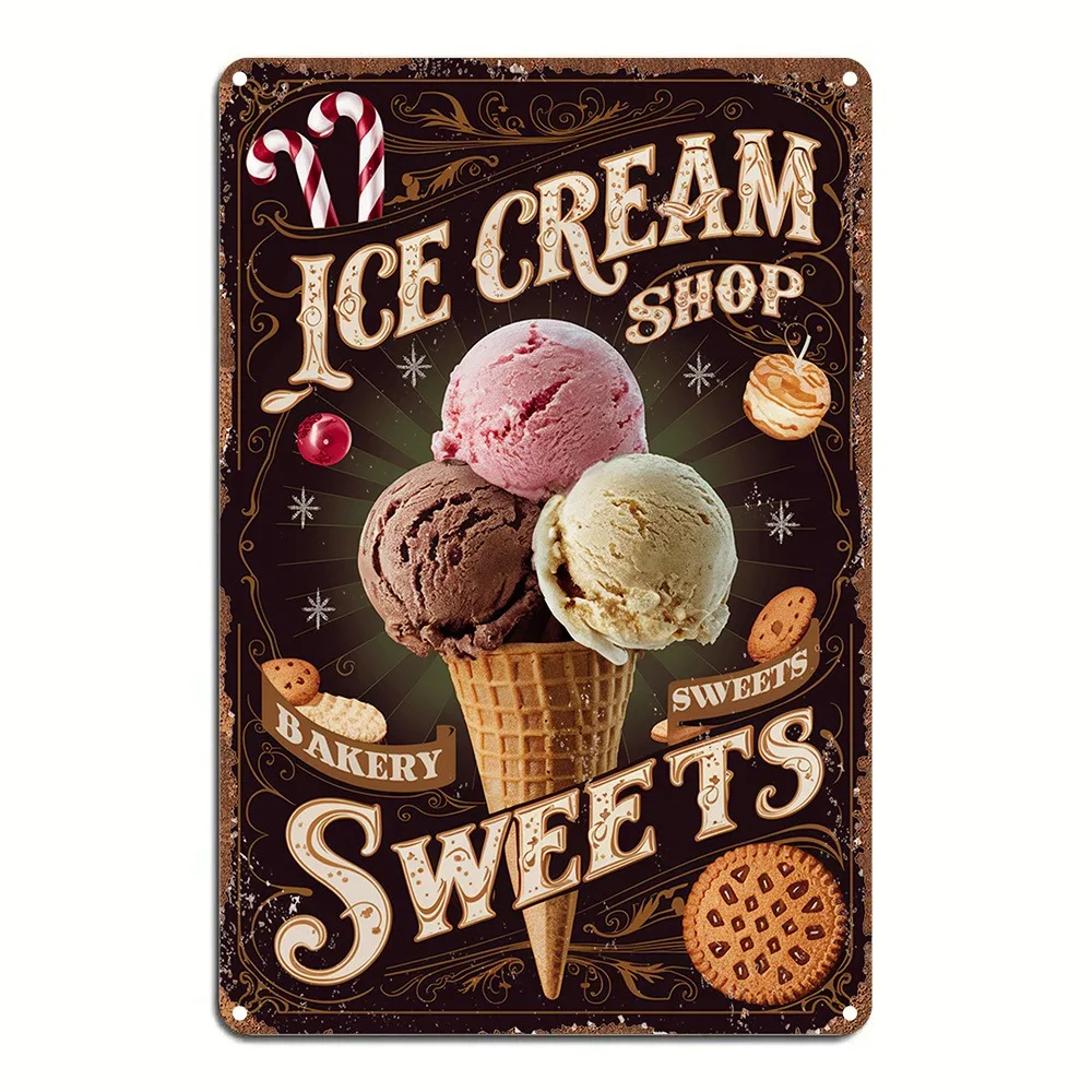 Letrero de metal vintage para tienda de helados, arte de pared de aluminio 2D, impresión HD, decoración impermeable para interiores/exteriores, 1 ud.