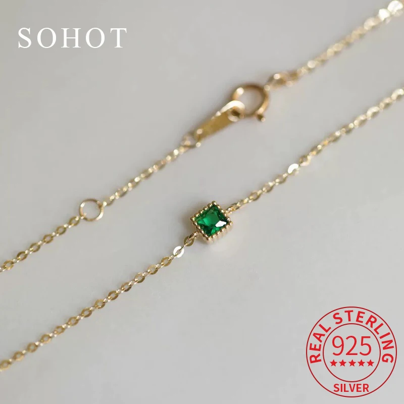 

Real 925 Sterling Silver 14k Gold Square Zircon Bracelet for Charm Women Ajustable Fine Jewelry Minimalist Elegant Accessories