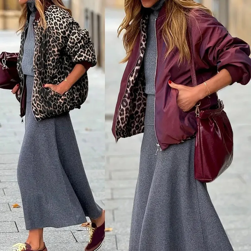 

Fashion Double Sided Baseball Jacket Women Casual O-neck Long Sleeve Short Outercoat Autumn Winter Elegant Zip Print Loose Coats