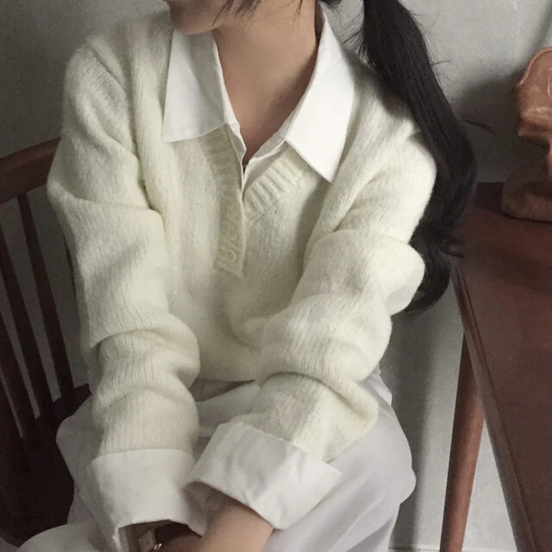 Sweter patchworkowy streetwear damski, modny, z długim rękawem, dzianinowy pulower, koreański kołnierzyk, dzianiny, zimowe swetry codzienne