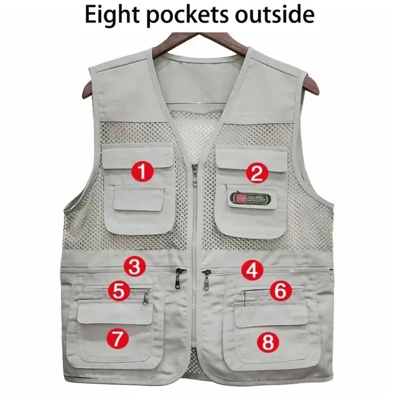 Summer Thin Men\'s Vest Coat Solid Color Mesh Breathable Multi-pocket Waistcoat Travel Camping Fishing Photography Work Vest Top