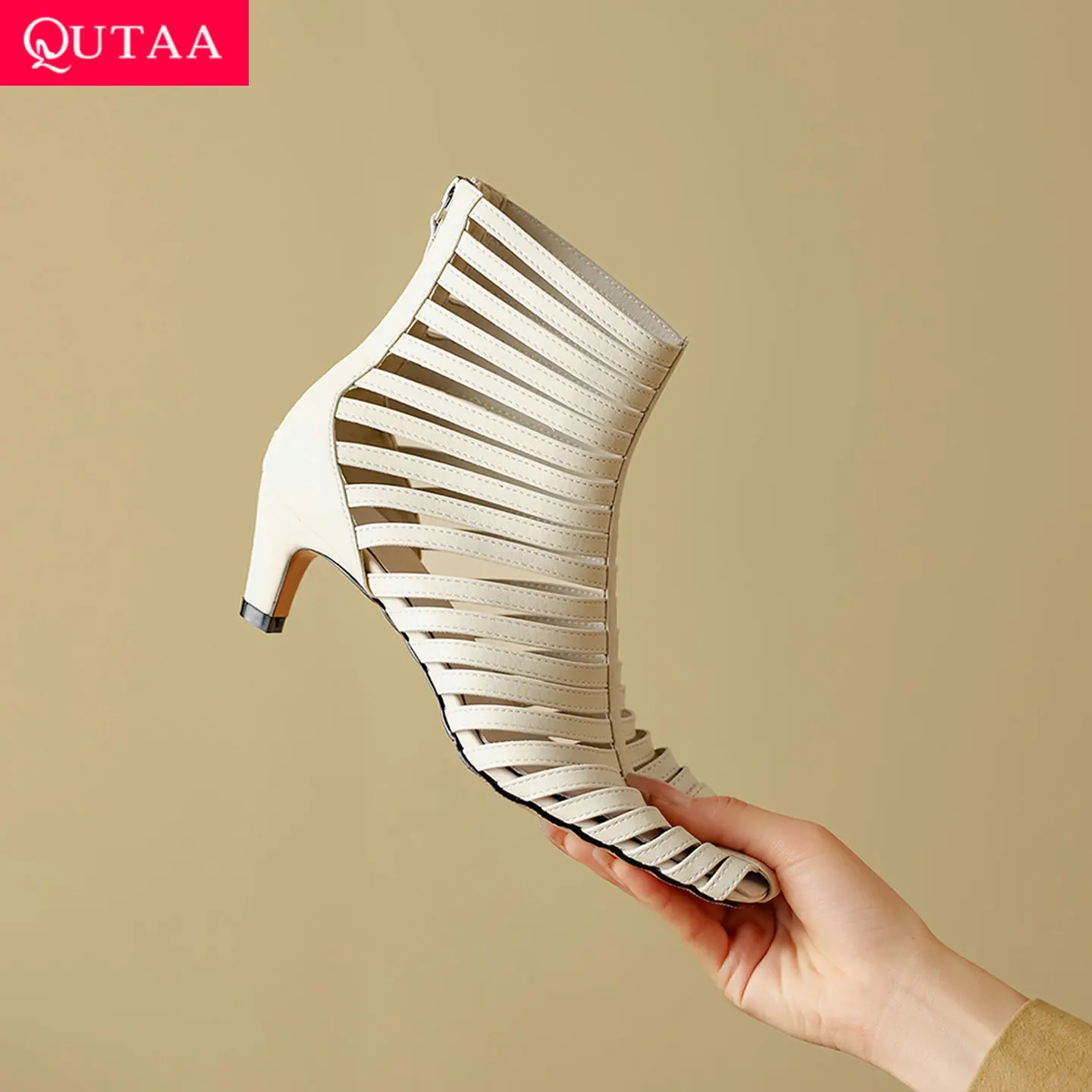 QUTAA 2026 News Fashion Women Pumps Shoes Summer Sandals Cow Leather High Heels Gladiator Square Toe Shoes Dress Party 34-40