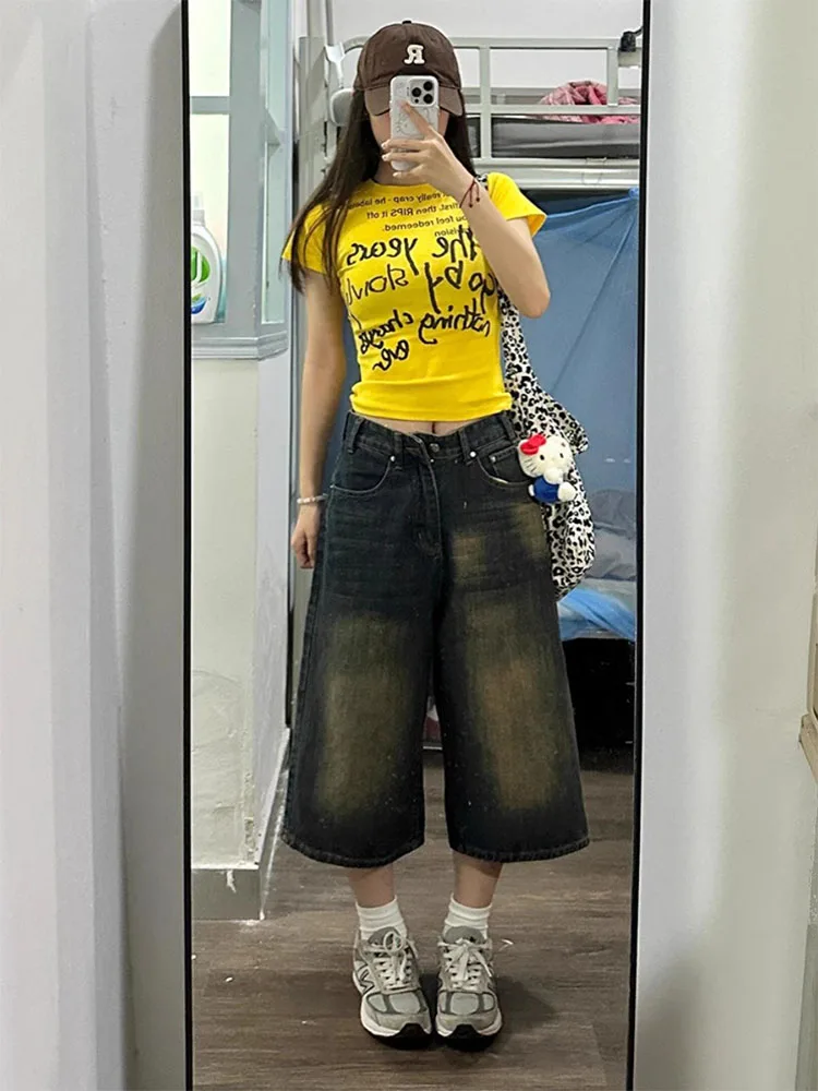 Taglie forti American Retro Denim orts Design autunnale da donna Gamba dritta Dimagrante Pantaloni a gamba larga di media lunghezza Casual Sle