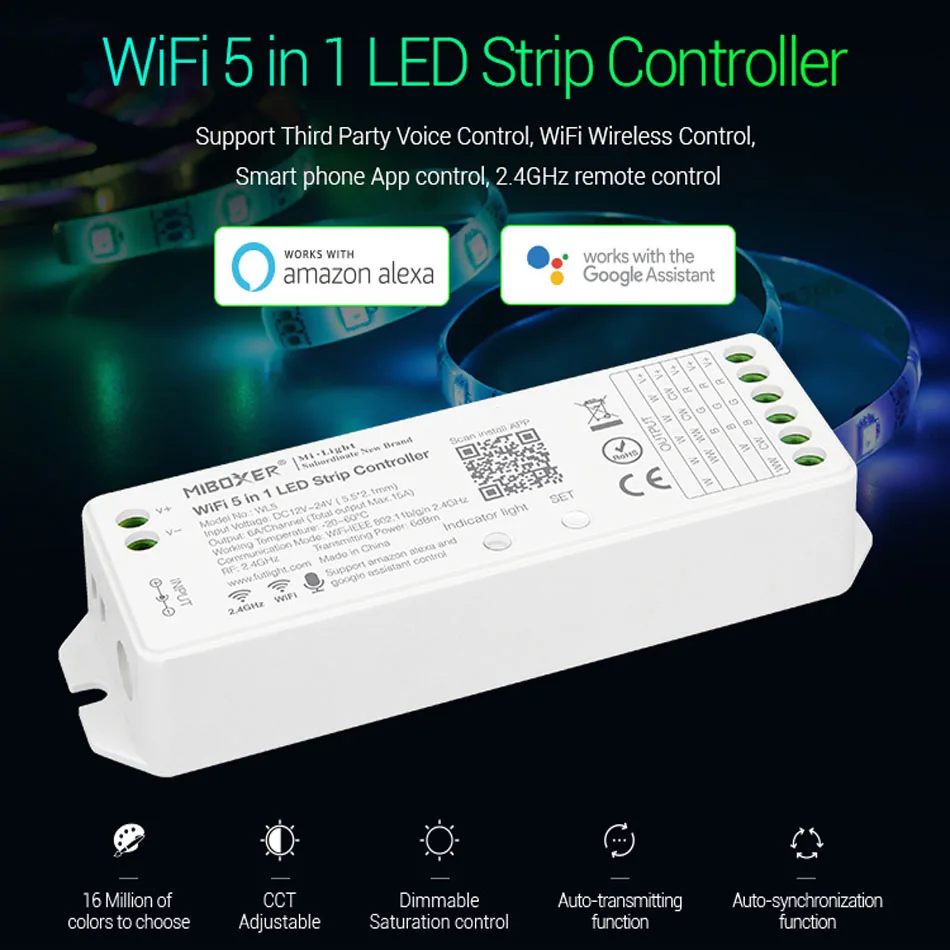 Miboxer WL5 WiFi 5 in 1 LED Strip Controller with FUT089 Remote For RGBW RGB+CCT Led Strip 2.4G Remote WiFi APP Voice Control