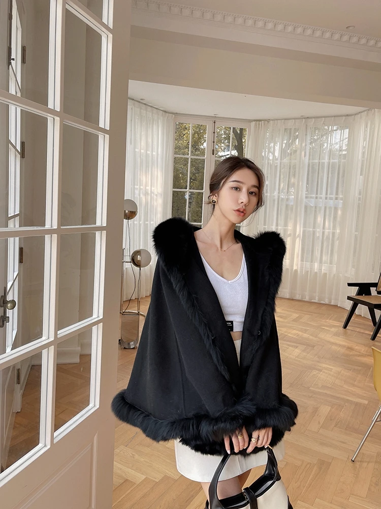 2022 Women Poncho Cardigan Real Fox Fur Coats Wool Warm Shawl Jacket Autumn Winter Black Cloak Outwear Tops