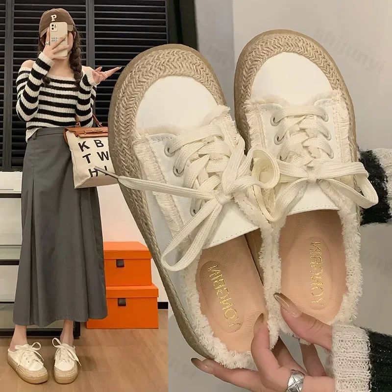 Fashion Casual Lace Up Canvas Shoes for Women 2024 Autumn New Designer Half Slipper Shoes Female Flat Casual Sneakers Ladies image 4