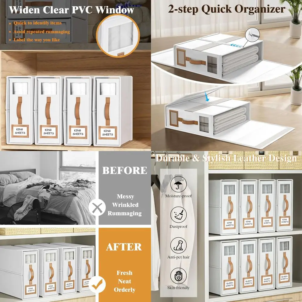 

Складные органайзеры для постельного белья размеров King и Queen - тканевые коробки для хранения с окном для постельного белья и простыней - белые