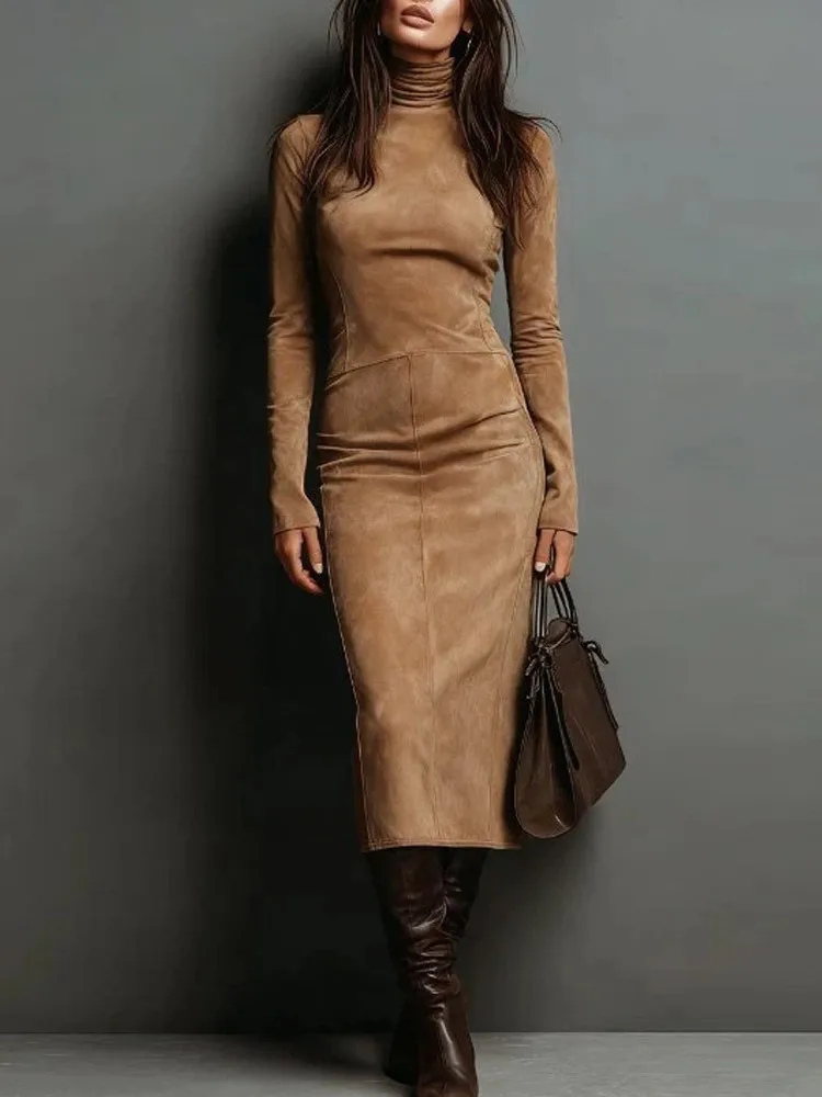 

Spring Autumn Sexy Slim Midi Dress For Female Fashion Half-high Collar Long Sleeves Dresses Ladies Foreign Style Party Vestidos