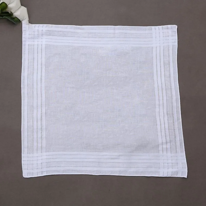 3Pcs 100% Cotton White Color Handkerchiefs Classic Hankies Jacquard Striped Pocket Square Towel DIY Painting