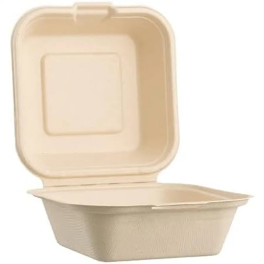 [50 COUNT] Paquete de cosecha GRATIS PFAS 6 X 6 Contenedores de alimentos para llevar con un solo compartimento con bisagras cuadradas compostables y resistentes