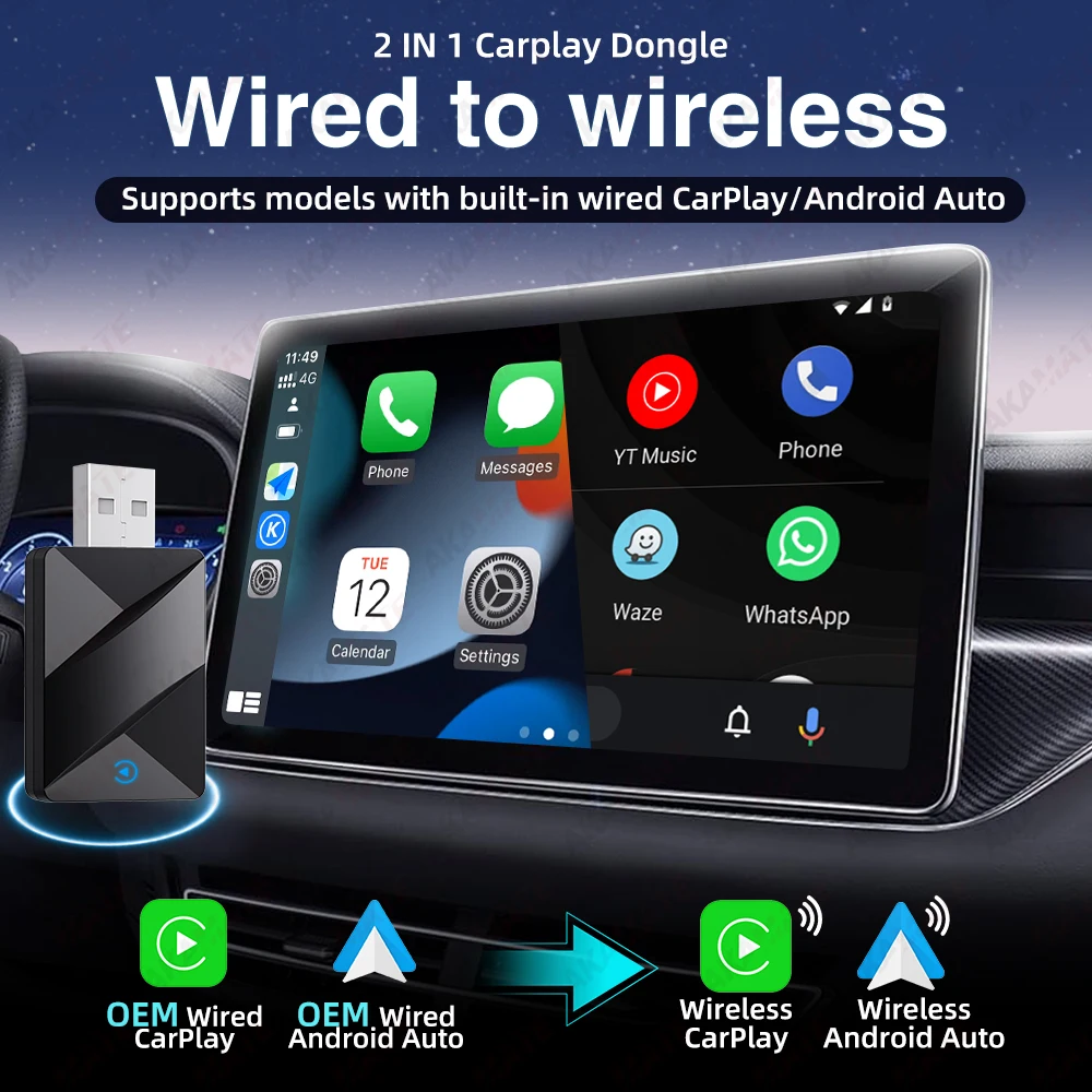 2 في 1 دونجل CarPlay اللاسلكي اللاسلكي أندرويد التوصيل والتشغيل التلقائي لشركة فولكس فاجن تويوتا هوندا نيسان لراديو السيارة السلكية OEM
