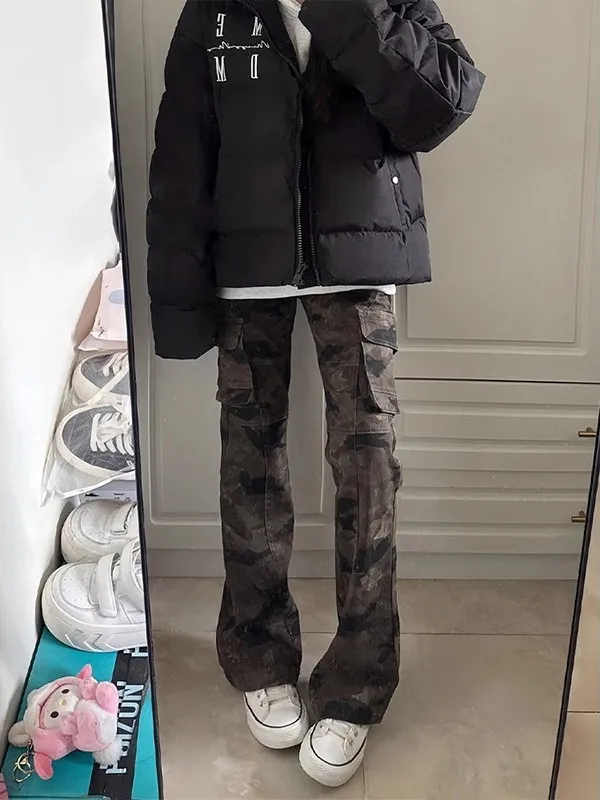 

Американские камуфляжные рабочие брюки для мужчин: осенне-зимние, универсальные, удобные, зауженные джинсы-клеш из денима