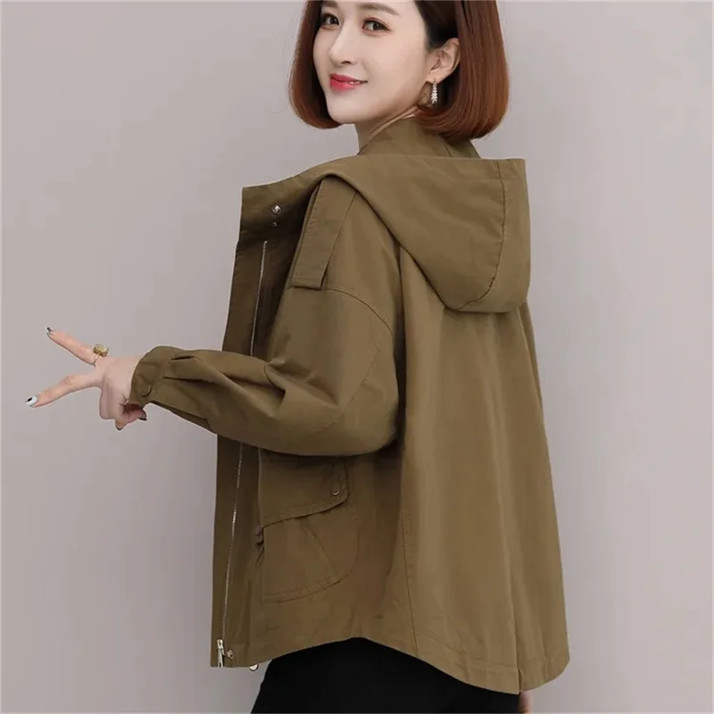 4XL Windbreaker Women Spring And Autumn 2023 New Hooded Korean version of Loose Short Hooded Coat Silm Casual Pocket Coat Female