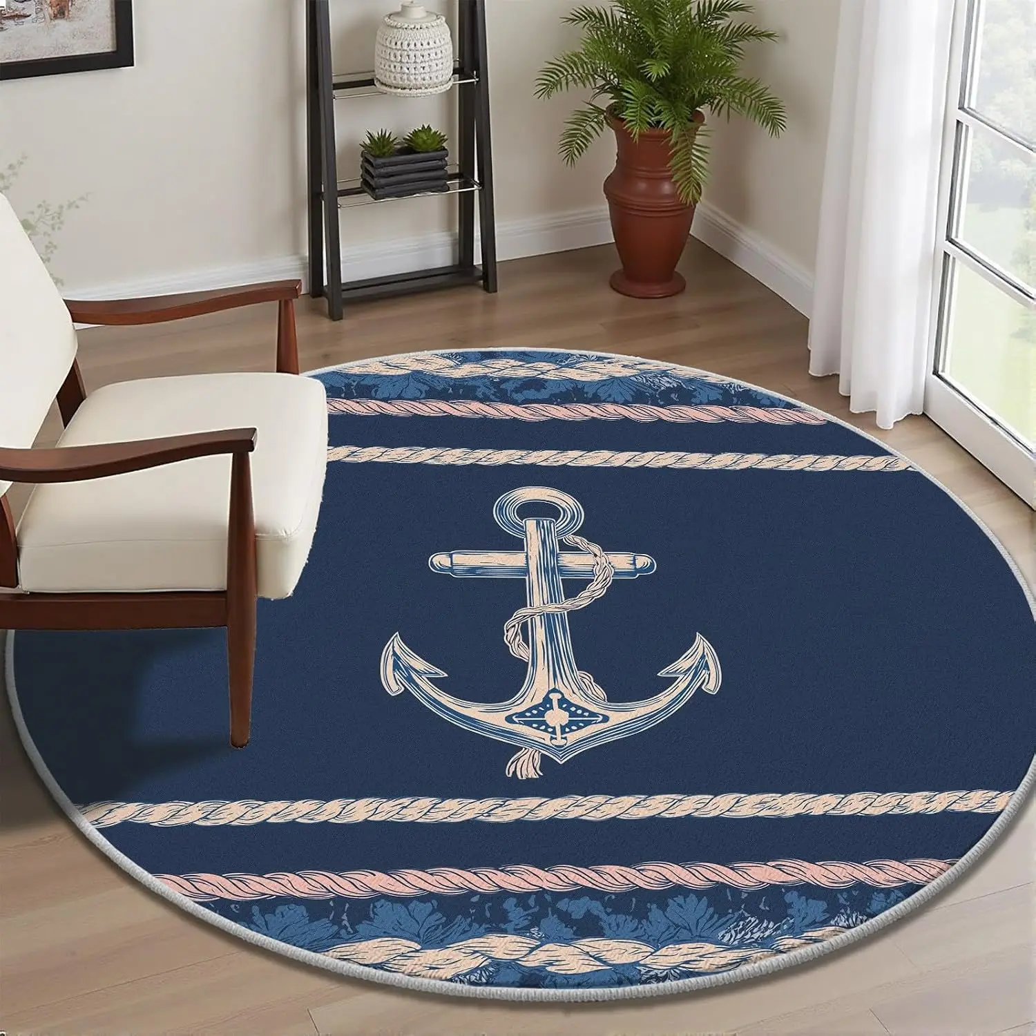 Round Nautical Area Rug Navy Blue Coastal Decor Anchor Design Bathroom Mat Ocean Theme Indoor Floor Accent Rug