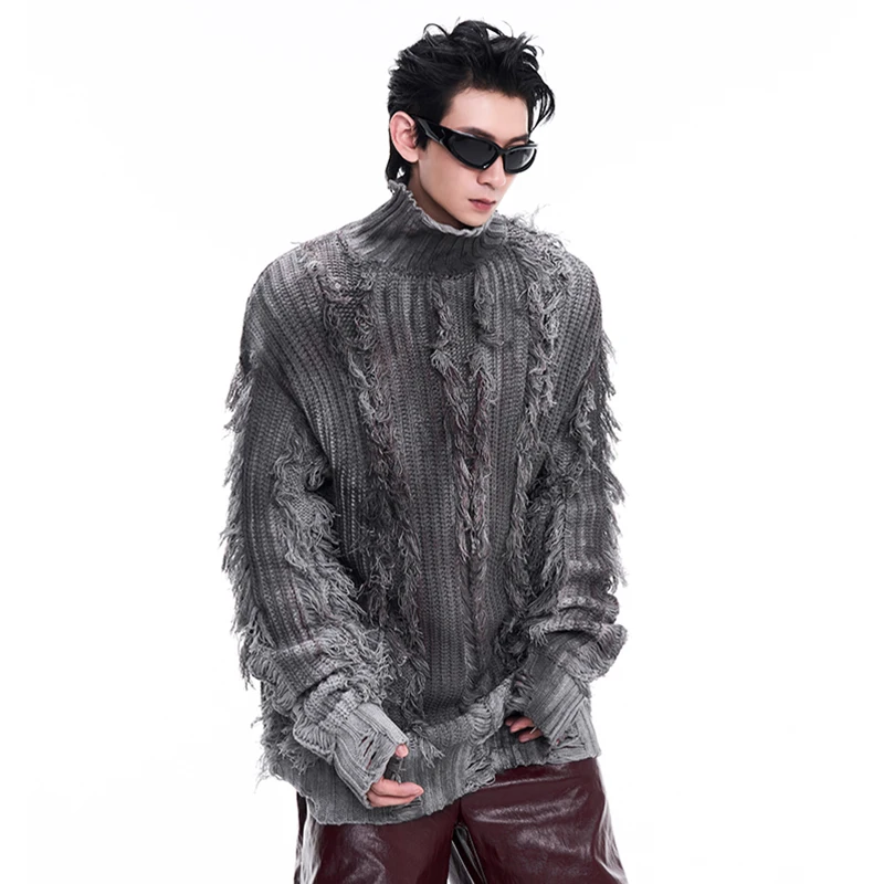 FEWQ Men\'s Niche High Neck Knitted Sweater Tassel Ripped Hole Spray Painted Design 2024 Winter New Male Fashion Costume 24E5160