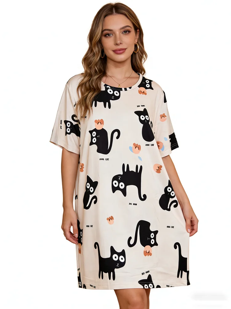 Women Nightwear Nightdress Black cat Print Loose Large Size Summer Cropped Dress Sexy Ladies Sleep Shirt Girl Sleepwear