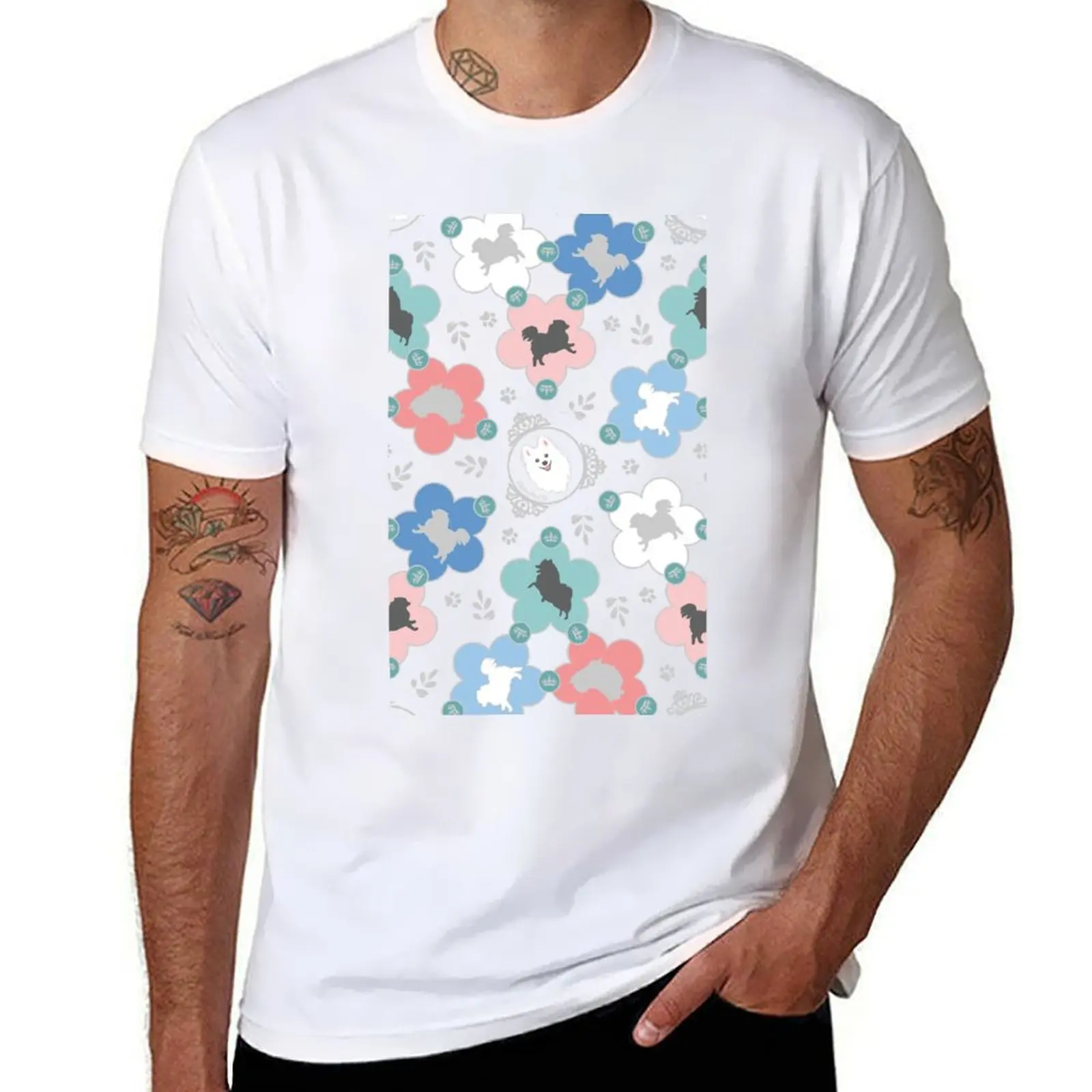 Triade floral de cão Spitz japonês-carvão preto camiseta engraçada camisetas de algodão para homem gráfico engraçado camiseta