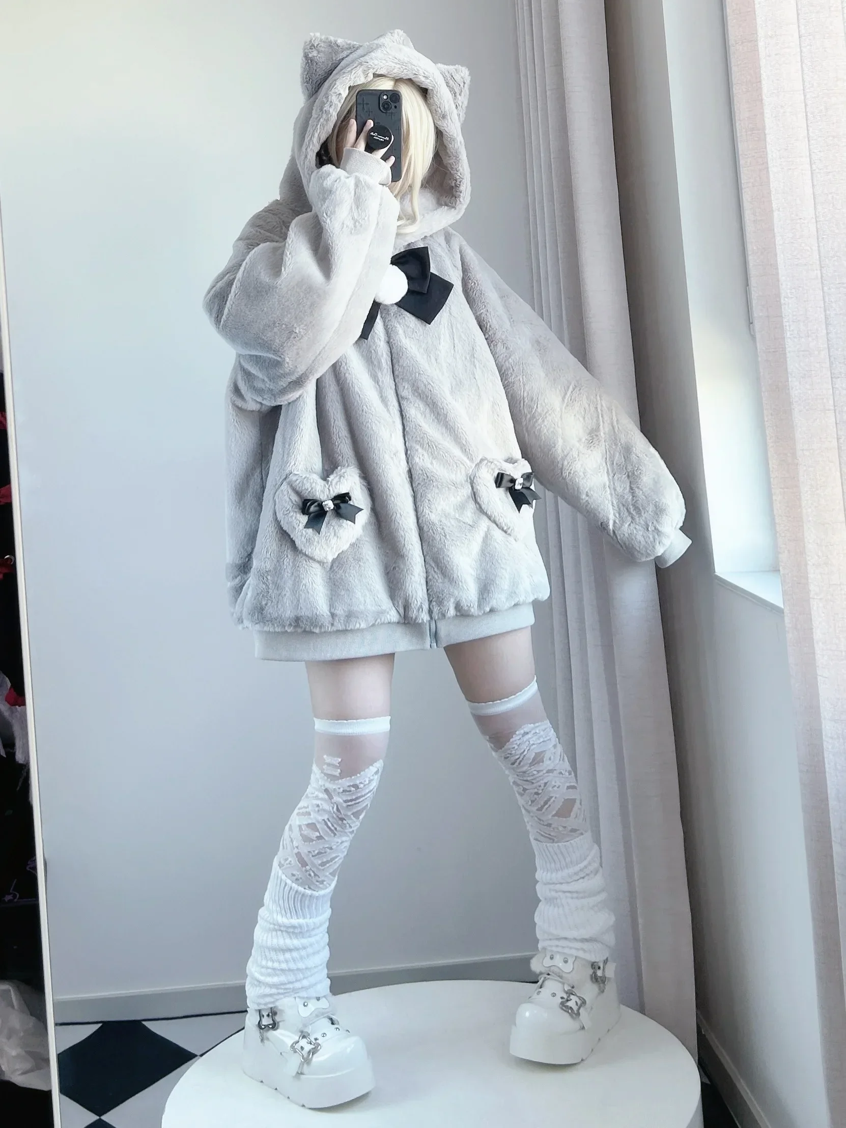 Japanese Mine Style Mass-produced Bow Cat Ear Plush Cute Winter Jacket Coats Loose Zipper Hooded Plush Hoodies Sweatshirt Women