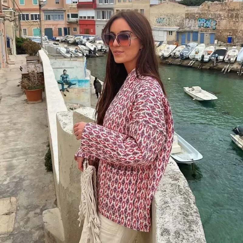 Autumn Winter Casual Cardigans Coat Y2K Vintage Loose Fit Padded Jacket Aesthetic Printed Open Front Quilted Long Sleeve Jackets