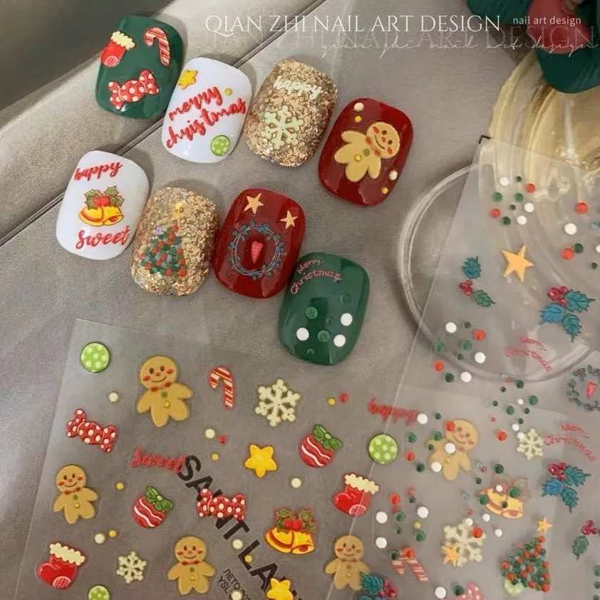 Christmas Decorations 2024 3d Embossed Anime Stickers Kawaii Waterproof Manicure Sticker Cartoon Lovely Festival Gifts For Girls