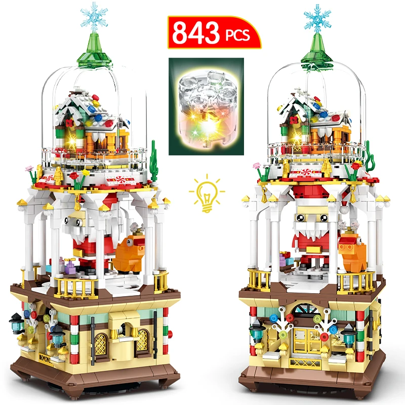 843pcs City Christmas Series Winter Tree Lighting House Building Blocks Elk Model Santa Claus Sleigh Bricks Toys Children Gift