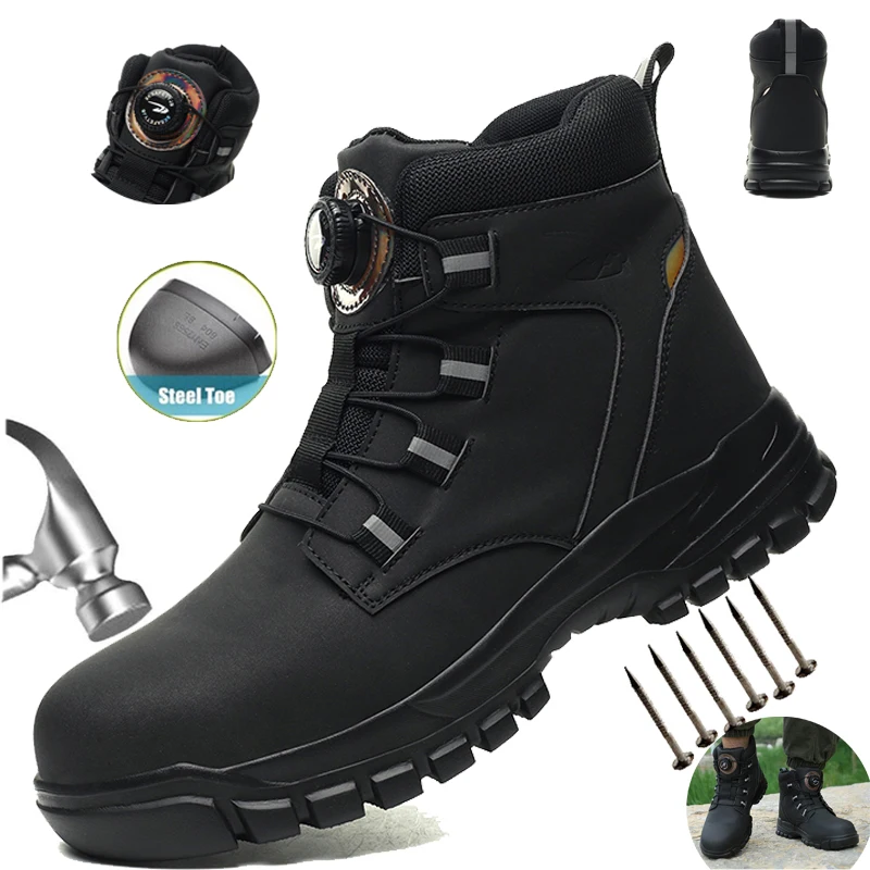 Rotating Button Men Safety Shoes Outdoor Protective Sneakers Steel Toe Cap Anti-smash Work Shoes Indestructible Security Boots