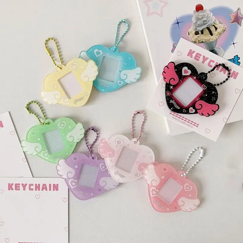 COTE HEART HEART WING PHOTO CARD HOLDERキーチェーンチェーン付き1インチ写真保護スリーブバッグ財布ペンダントY4QC