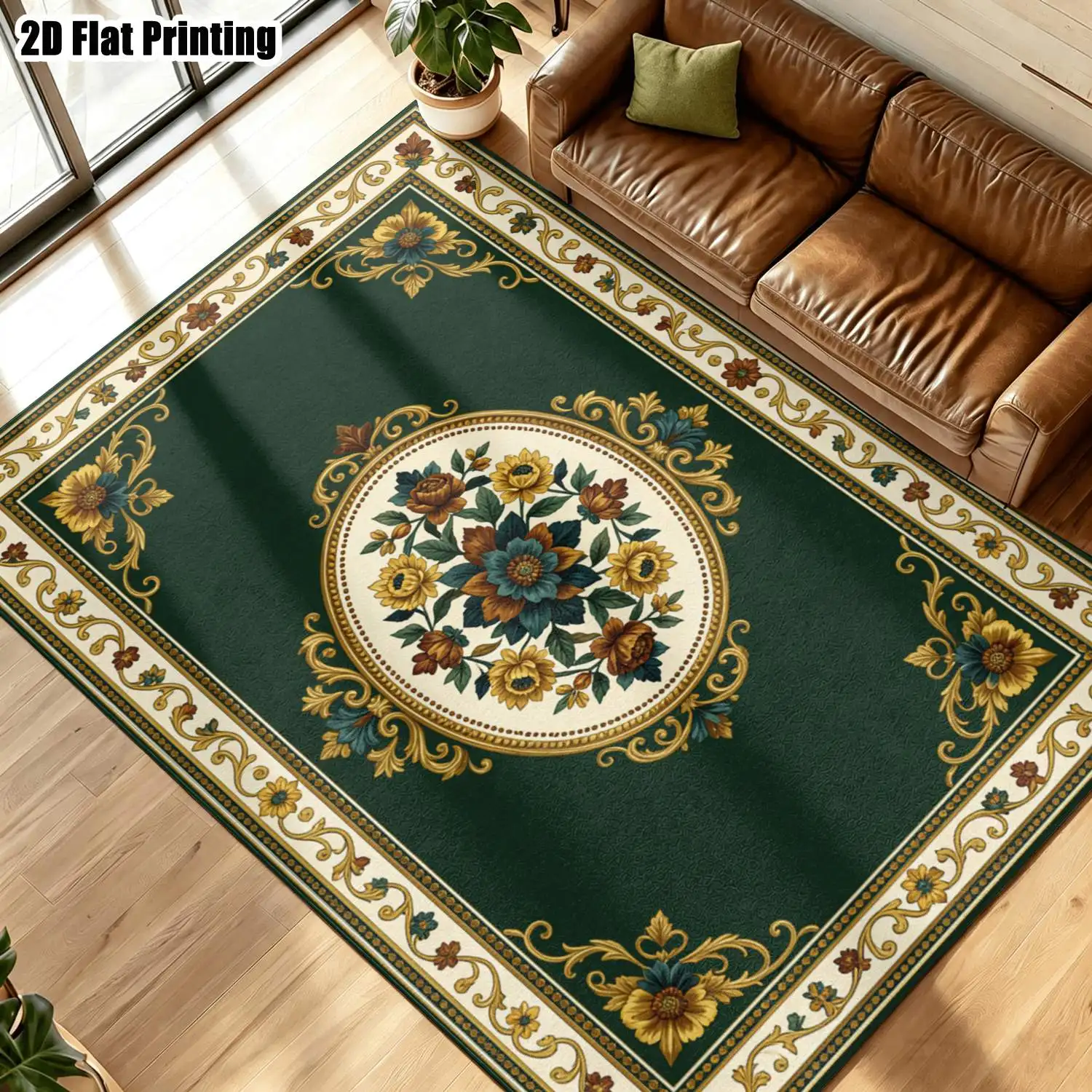 1Pc 2D Printed Dark Green Floral Pattern Carpet: Vintage European Style Decor Rug for Home, Multi-Size, Machine Washable, Suitable for Living Room, Bedroom, Dining Room, Entrance & Study