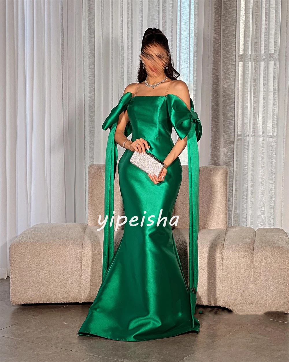 Satin Bow Ruched Homecoming Mermaid Strapless Bespoke Occasion Gown Long Dresses